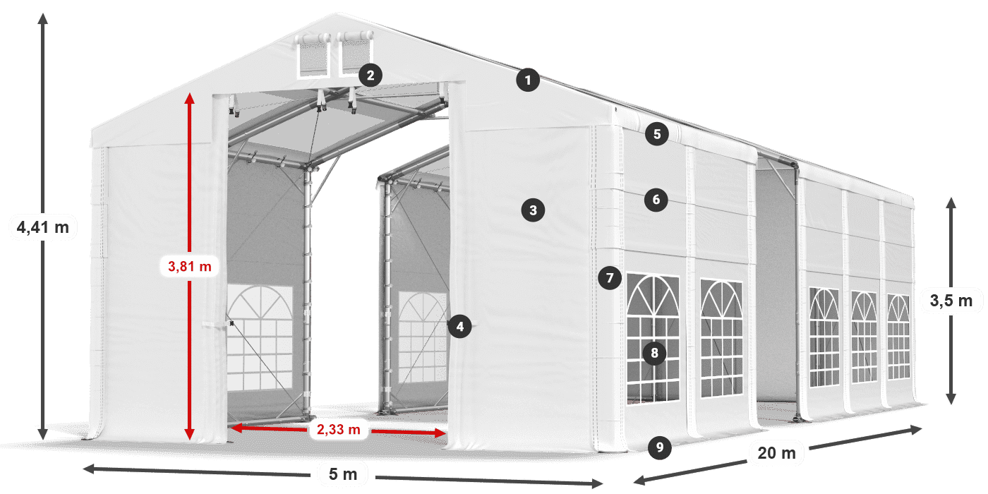 Střecha: MS T 580 PVC Stěny: FR 620 PVC 2,5 m legenda