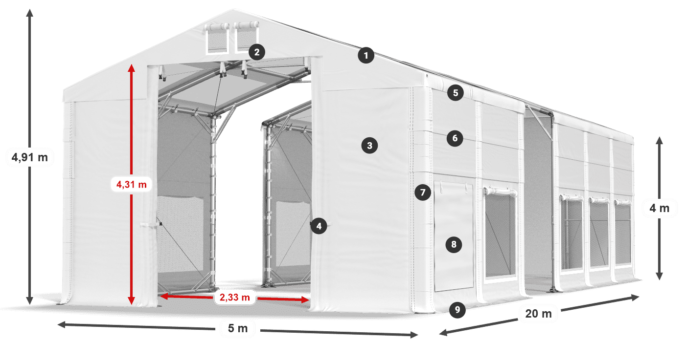 Střecha: MS T 580 PVC Stěny: SD M 500 PVC 4m legenda
