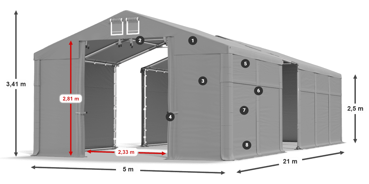 Střecha: FR 620 PVC Stěny: SD 500 PVC 2,5 m legenda