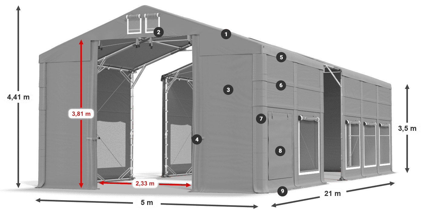 Střecha: MS 580 PVC Stěny: SD M 500 PVC 3,5m legenda