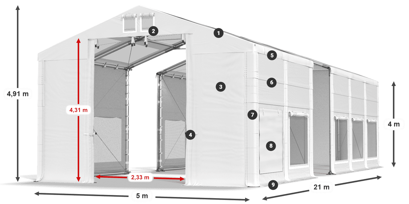 Střecha: MS T 580 PVC Stěny: SD M 500 PVC 4m legenda