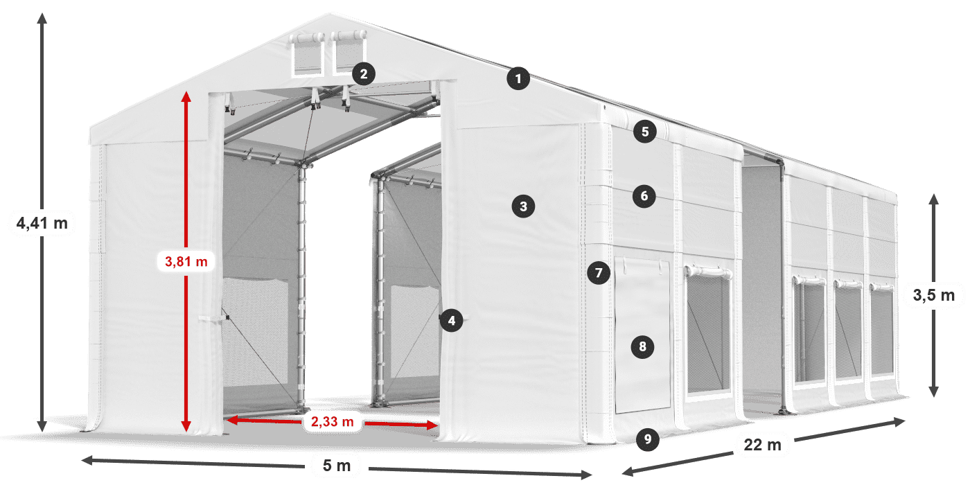 Střecha: MS T 580 PVC Stěny: SD M 500 PVC 2,5 m legenda