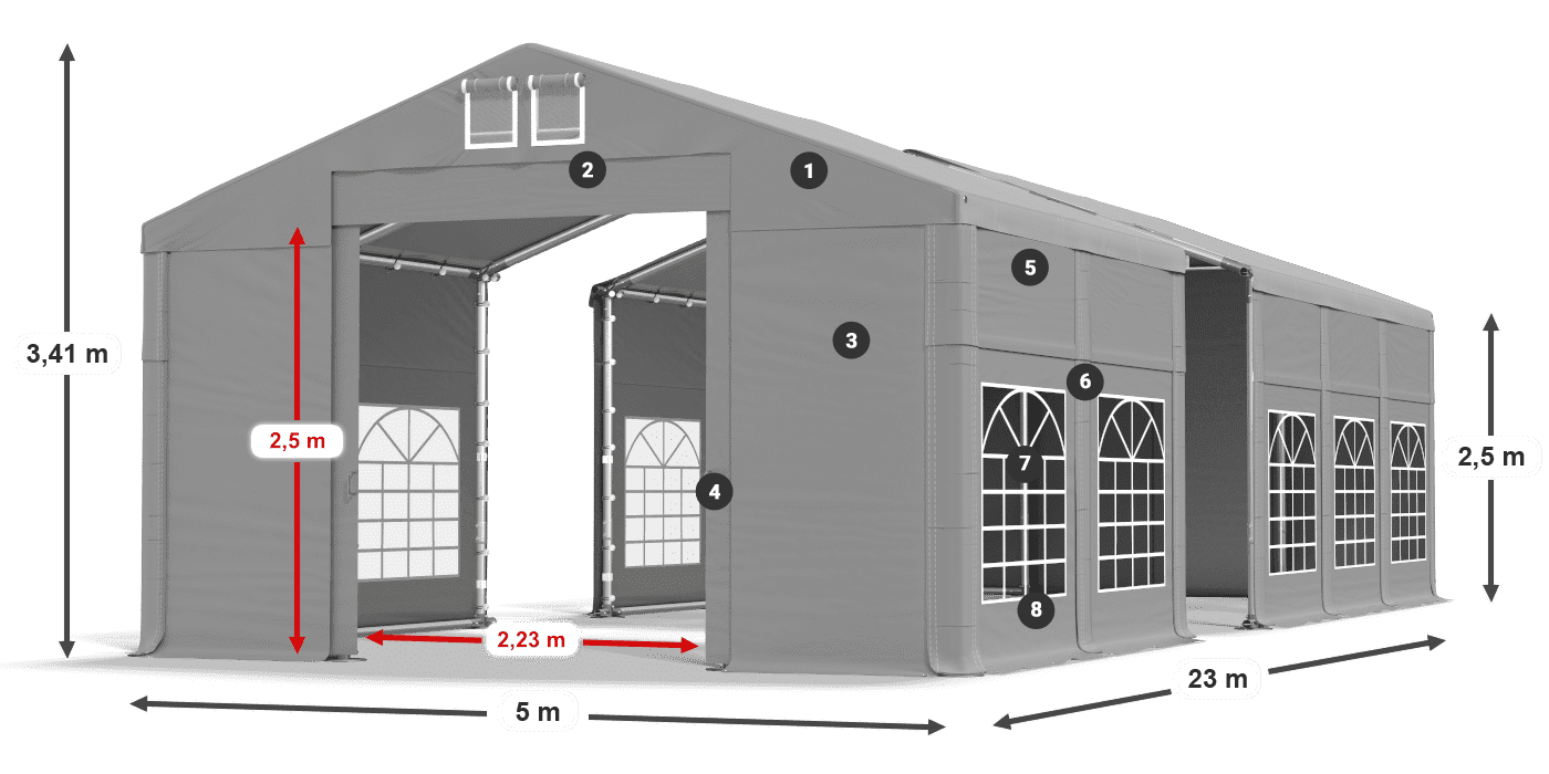 Střecha: FR 620 PVC Stěny: SD 500 PVC 2,5 m legenda