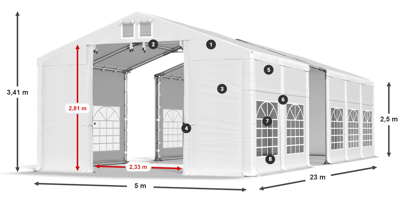 Střecha: MS 580 PVC Stěny: FR 620 PVC 2,5 m legenda