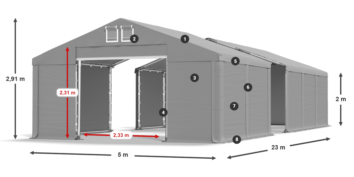 Střecha: MS 580 PVC Stěny: FR M 620 PVC 2m legenda