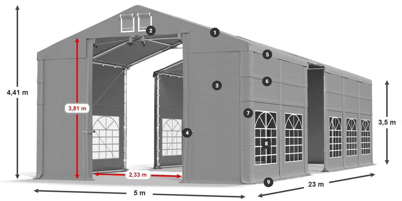 Střecha: FR 620 PVC Stěny: SD 500 PVC 3,5m legenda