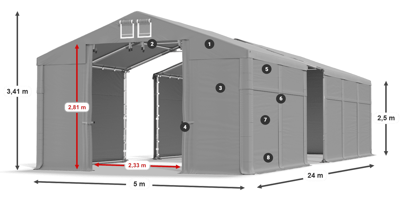 Střecha: FR 620 PVC Stěny: MS 580 PVC 2,5 m legenda