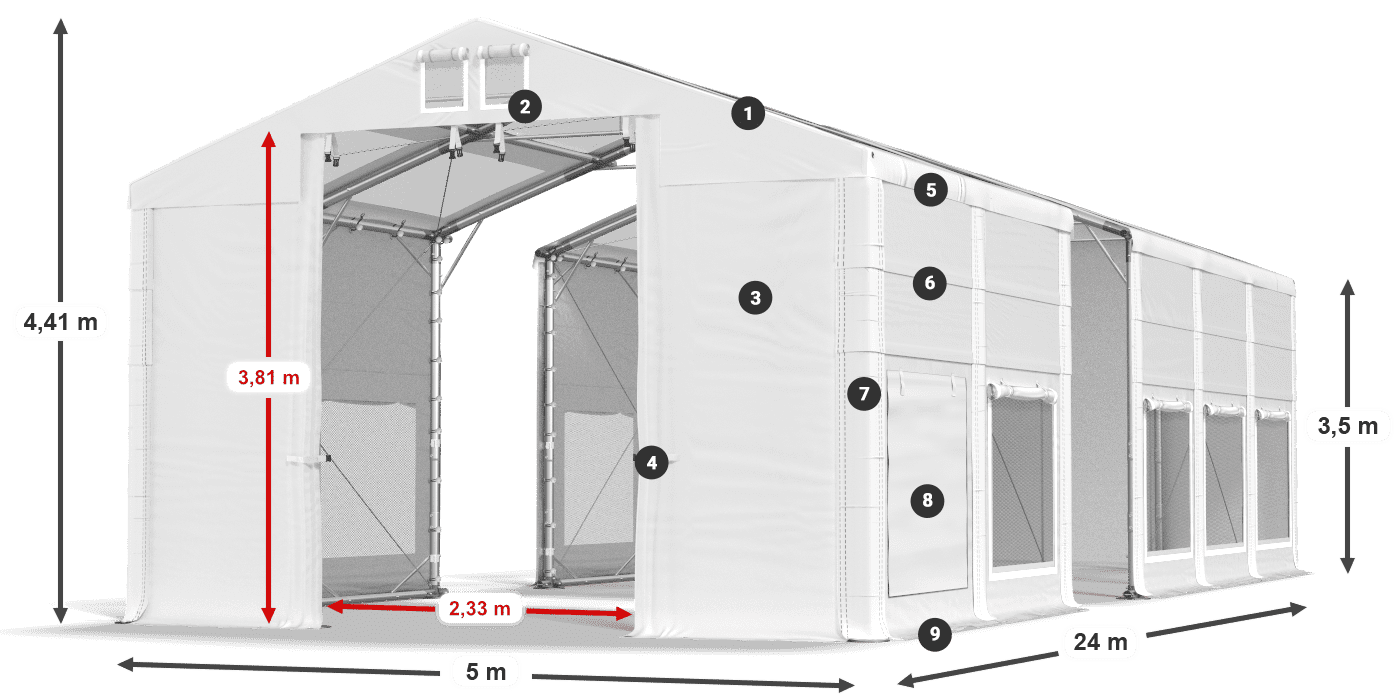 Střecha: MS T 580 PVC Stěny: SD M 500 PVC 2,5 m legenda