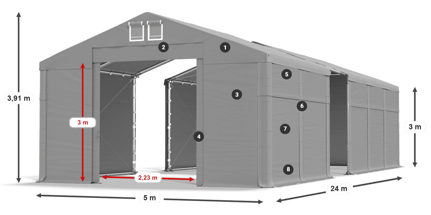 Střecha: MS 580 PVC Stěny: FR 620 PVC  3m legenda
