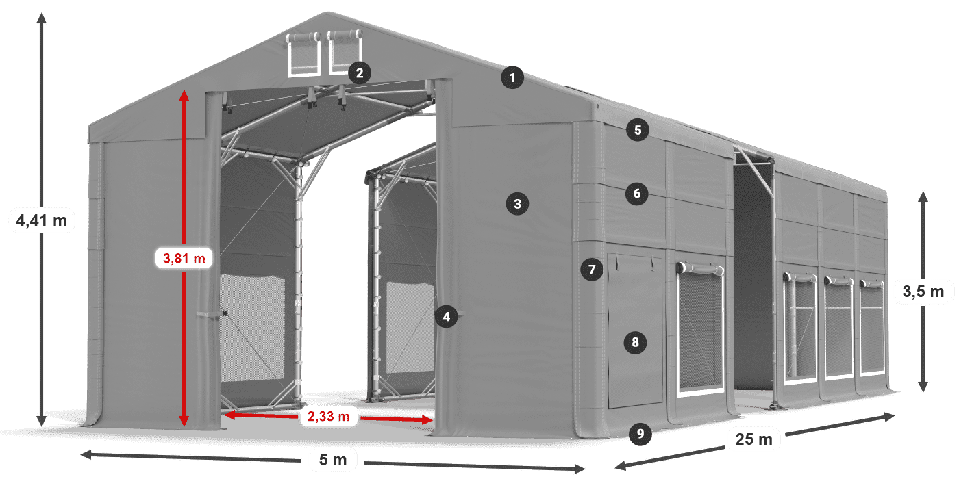 Střecha: MS 580 PVC Stěny: SD M 500 PVC 3,5m legenda