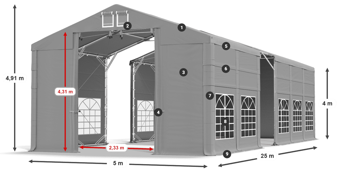 Střecha: FR 620 PVC Stěny: SD 500 PVC 4m legenda