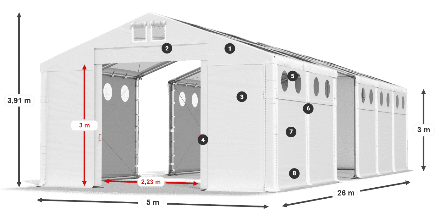 Střecha: MS T 580 PVC Stěny: FR O 620 PVC 3m legenda