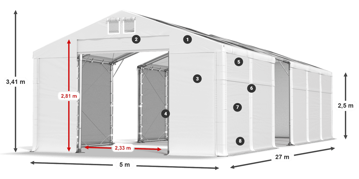 Střecha: MS T 580 PVC Stěny: FR 620 PVC 2,5 m legenda