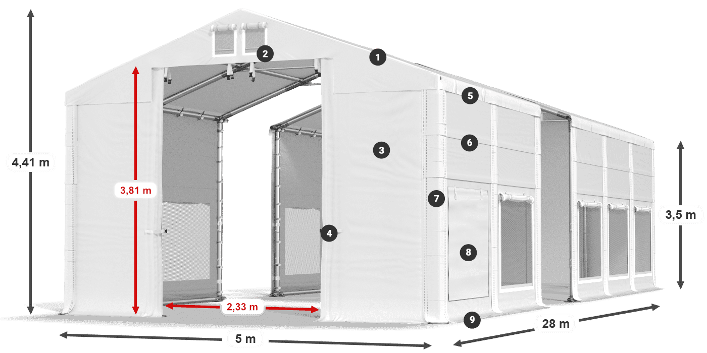 Střecha: MS 580 PVC Stěny: SD M 500 PVC 3,5m legenda