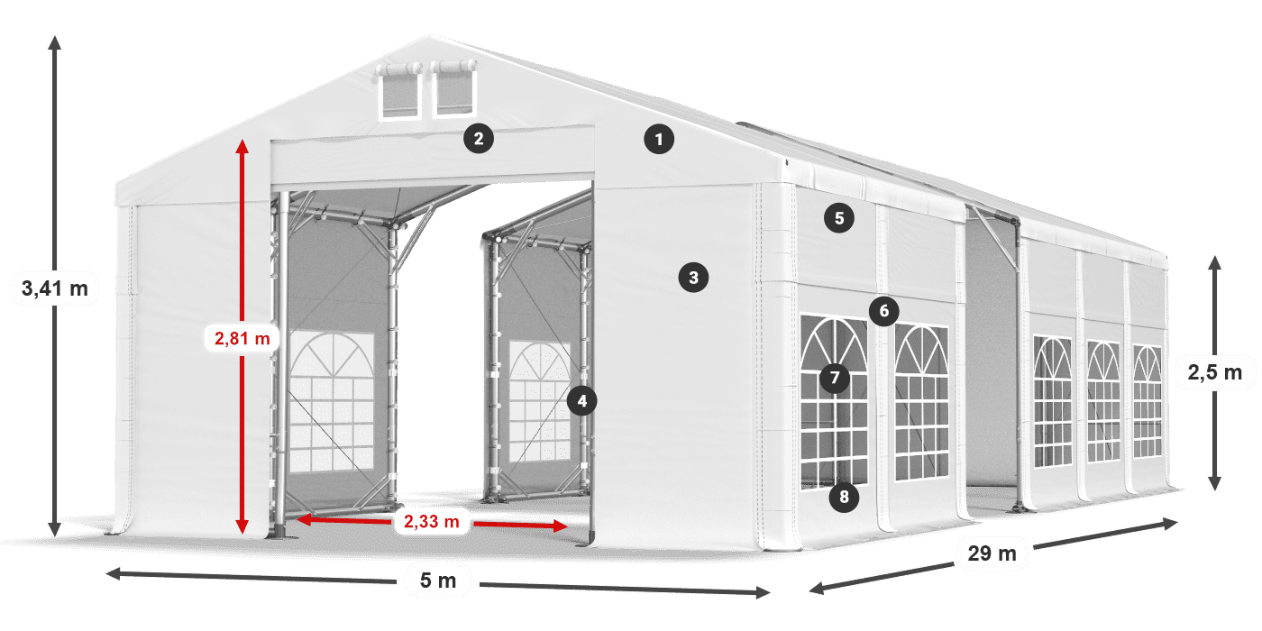 Střecha: FR 620 PVC Stěny: SD 500 PVC 2,5 m legenda