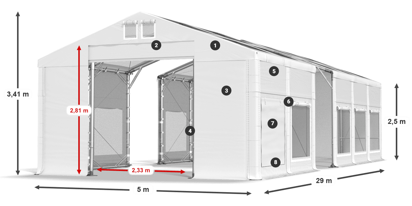 Střecha: MS T 580 PVC Stěny: SD M 500 PVC 2,5 m legenda