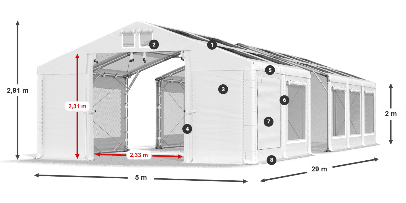Střecha: MS T 580 PVC Stěny: SDM 500 PVC 2m legenda