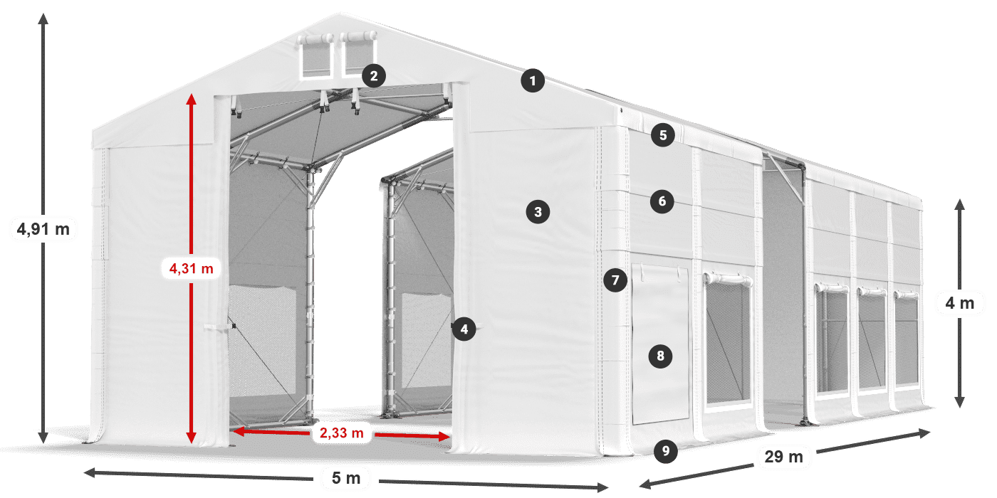 Střecha: FR 620 PVC Stěny: SD 500 PVC 4m legenda