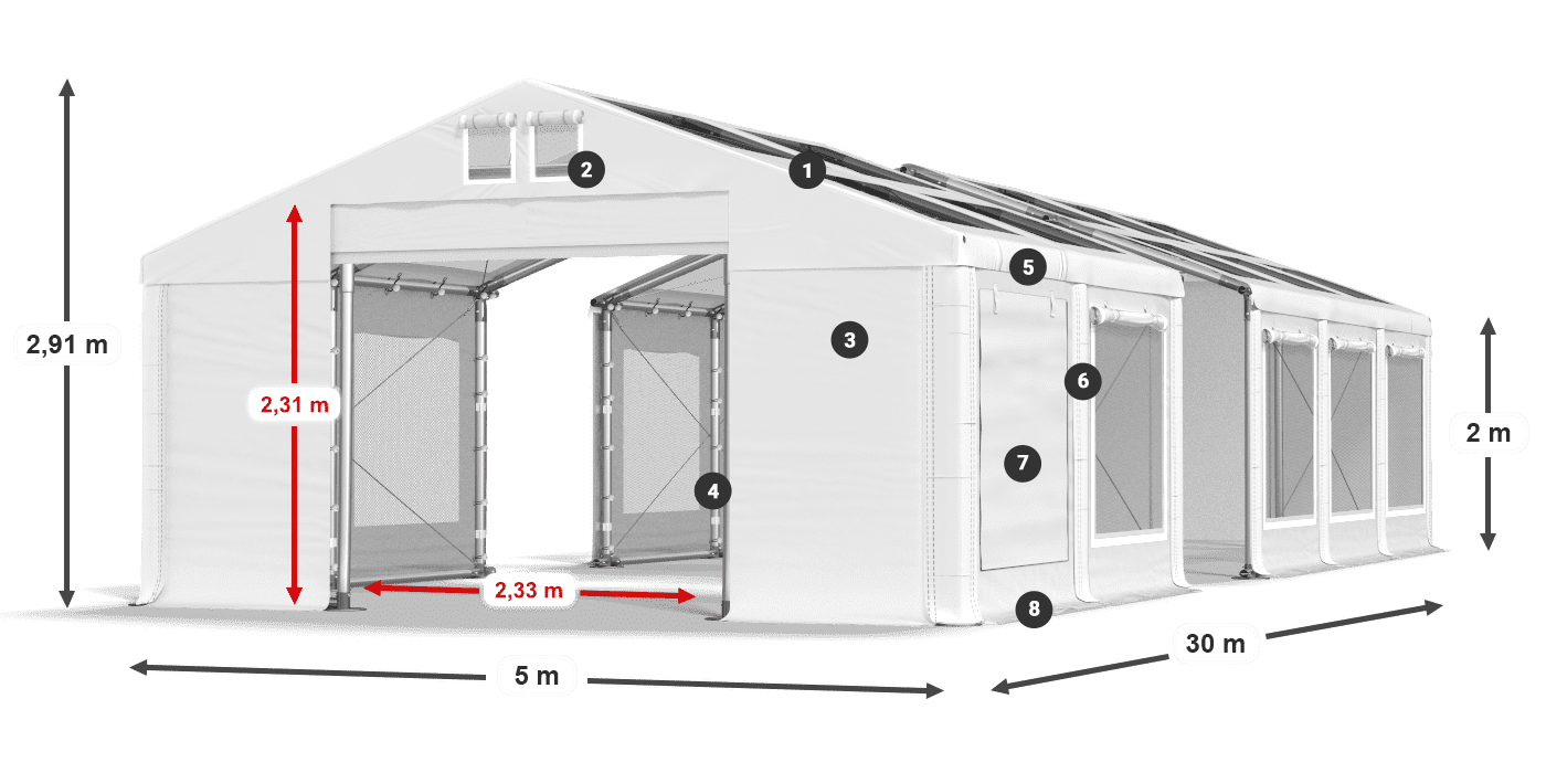Střecha: MS T 580 PVC Stěny: SDM 500 PVC 2m legenda