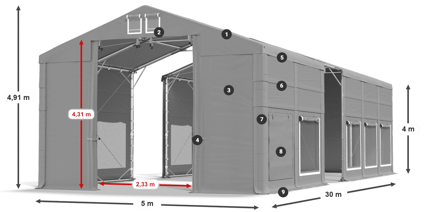 Střecha: FR 620 PVC Stěny: SD 500 PVC 4m legenda