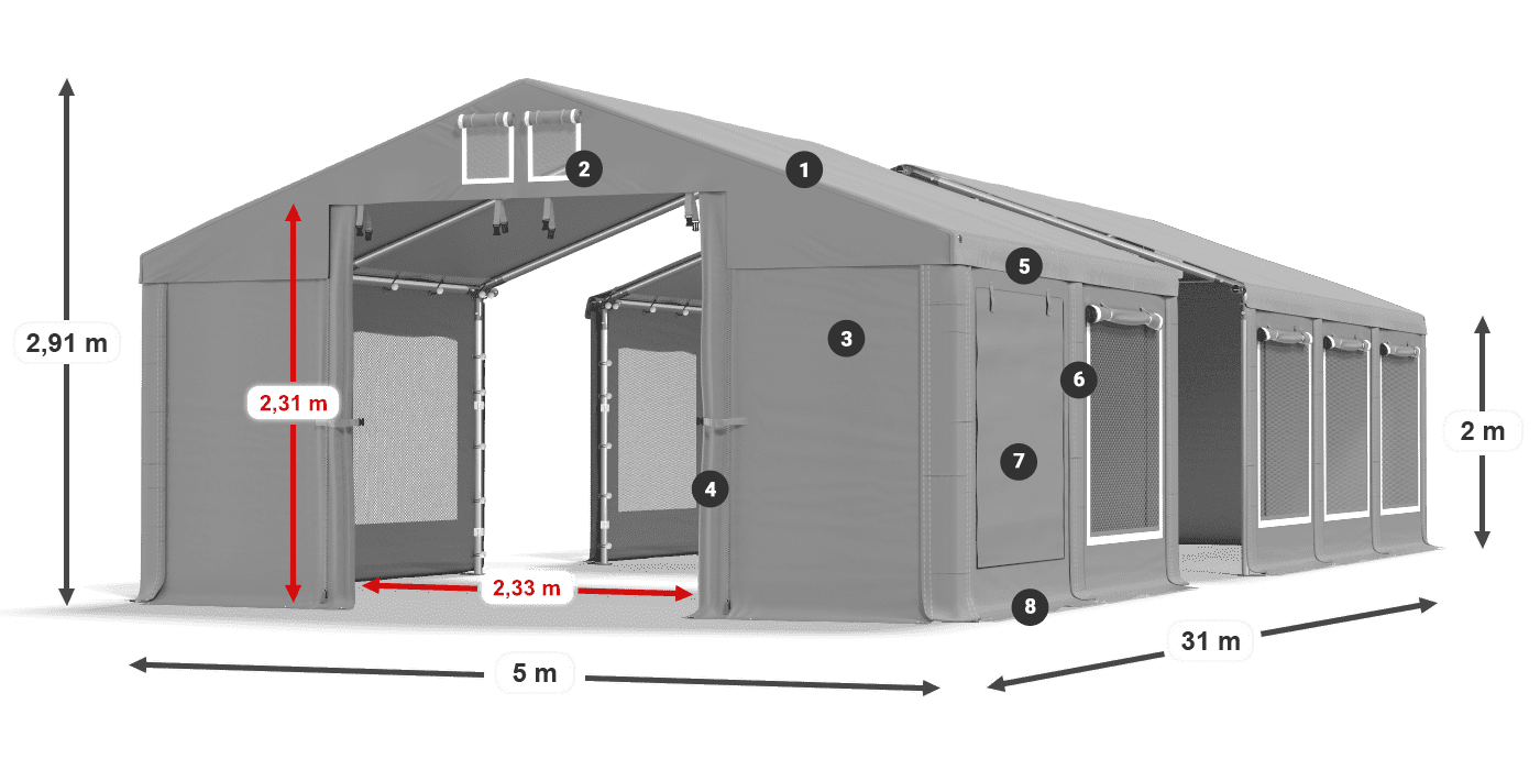 Střecha: FR 620 PVC Stěny: SD 500 PVC 2m legenda