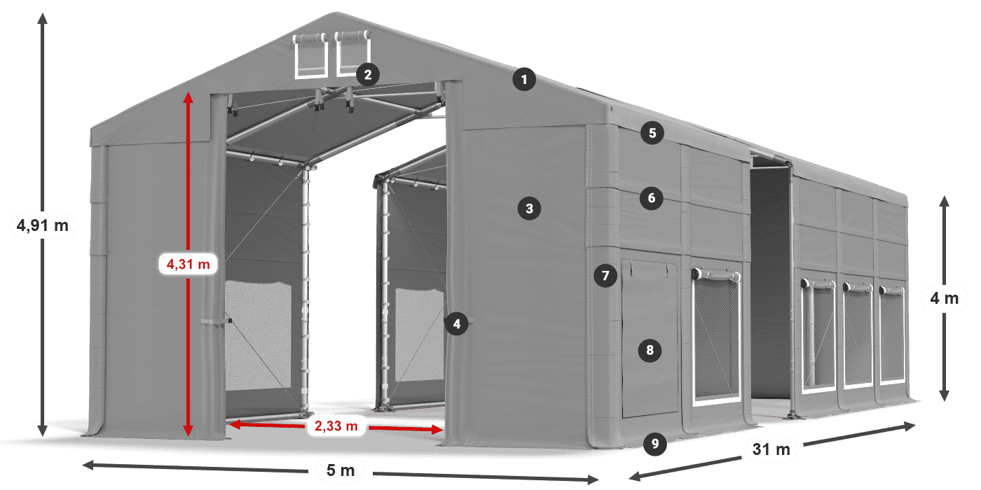 Střecha: MS 580 PVC Stěny: SD M 500 PVC 4m legenda