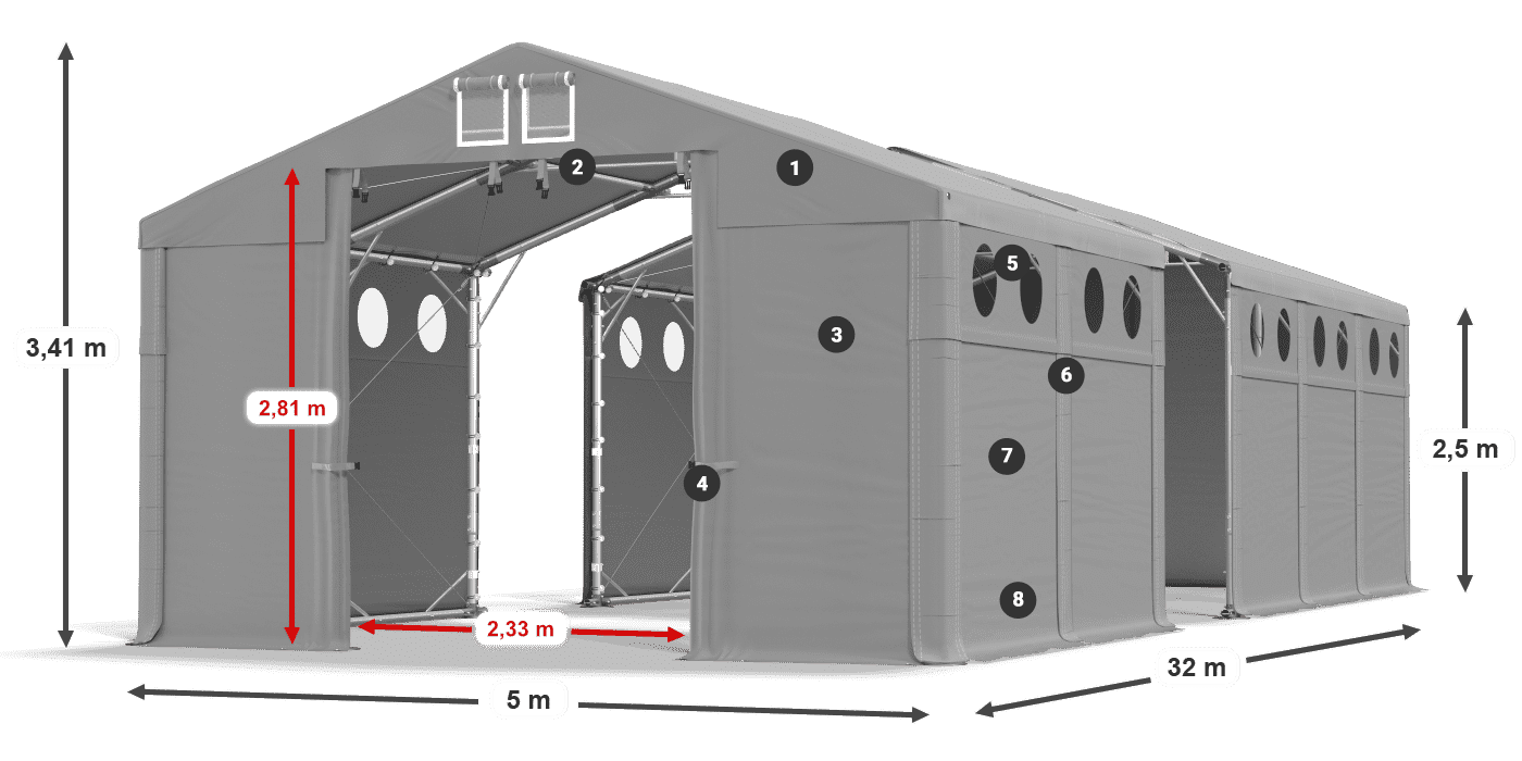 Střecha: MS 580 PVC Stěny: FR O 620 PVC 2,5 m legenda