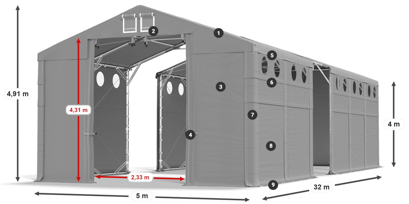 Střecha: SD 560 PVC Stěny: FR O 620 PVC legenda 4m