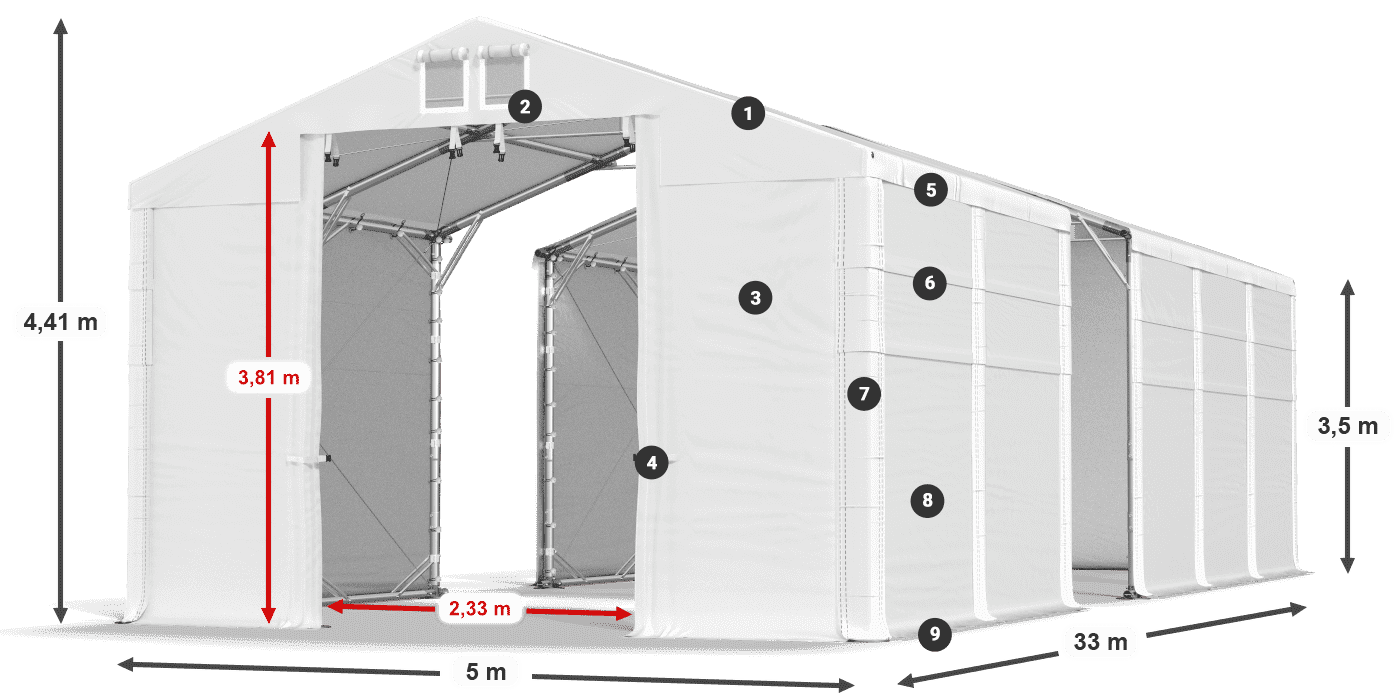 Střecha: MS 580 PVC Stěny: FR 620 PVC 2,5 m legenda