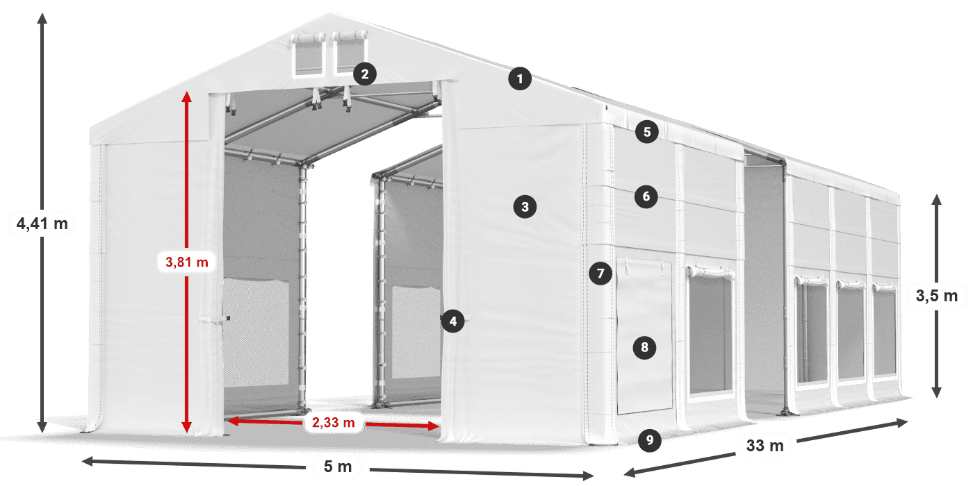 Střecha: MS 580 PVC Stěny: SD M 500 PVC 3,5m legenda