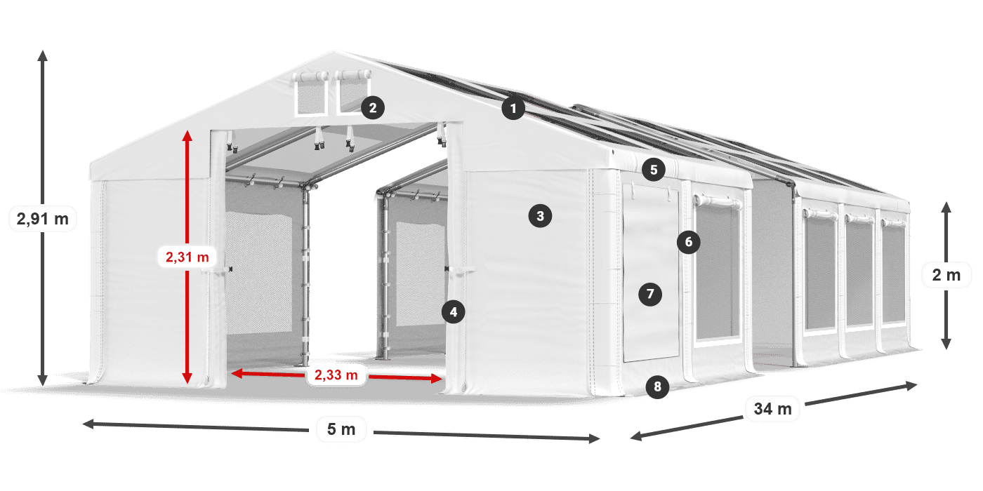 Střecha: MS T 580 PVC Stěny: SDM 500 PVC 2m legenda