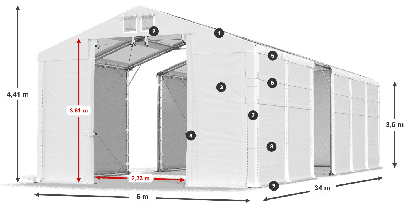 Střecha: MS T 580 PVC Stěny: FR 620 PVC 3,5m legenda
