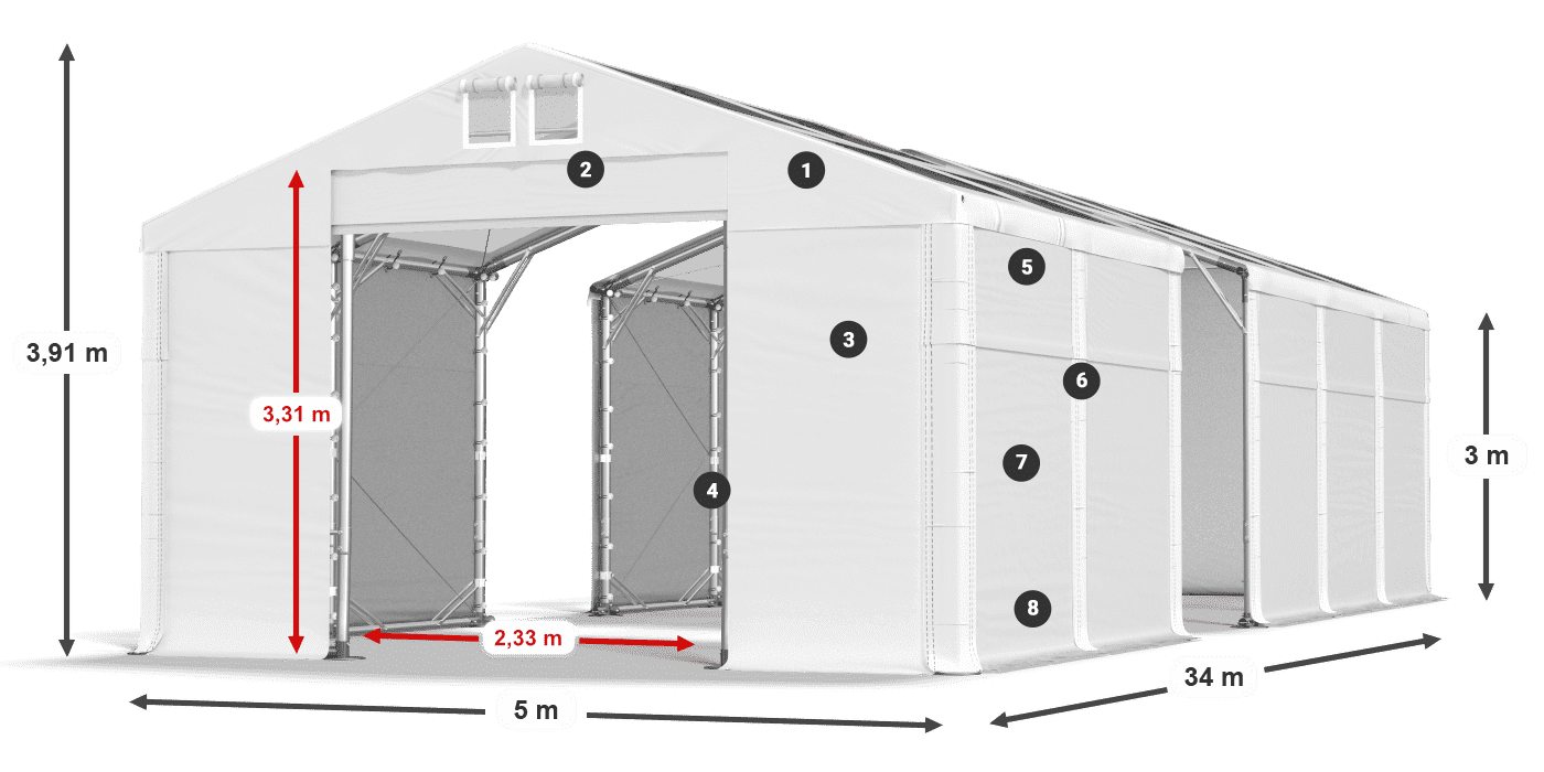 Střecha: MS T 580 PVC Stěny: FR 620 PVC 3m legenda