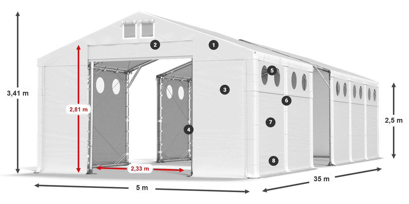 Střecha: FR 620 PVC Stěny: MS O 580 PVC 2,5 m legenda