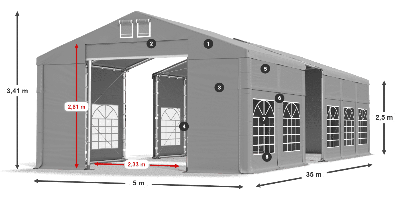 Střecha: FR 620 PVC Stěny: SD 500 PVC 2,5 m legenda