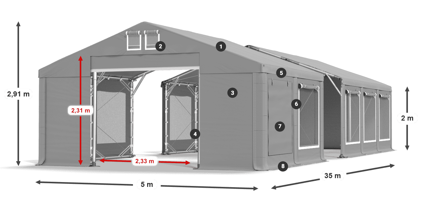 Střecha: MS 580 PVC Stěny: SD M 500 PVC 2m legenda