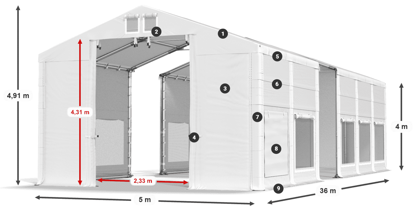 Střecha: MS 580 PVC Stěny: SD M 500 PVC 4m legenda