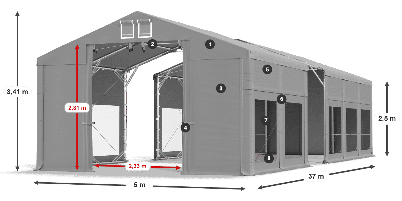 Střecha: FR 620 PVC Stěny: MS 580 PVC 2,5 m legenda