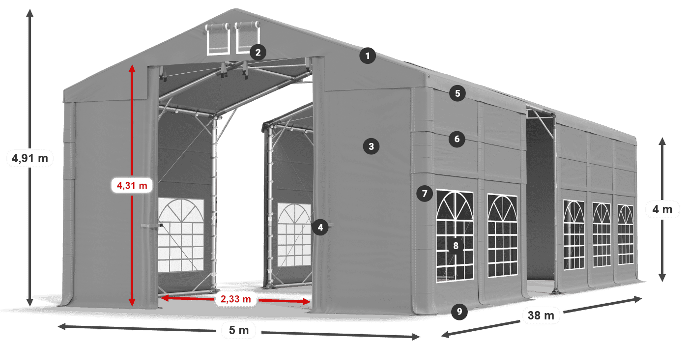 Střecha: FR 620 PVC Stěny: SD 500 PVC 4m legenda