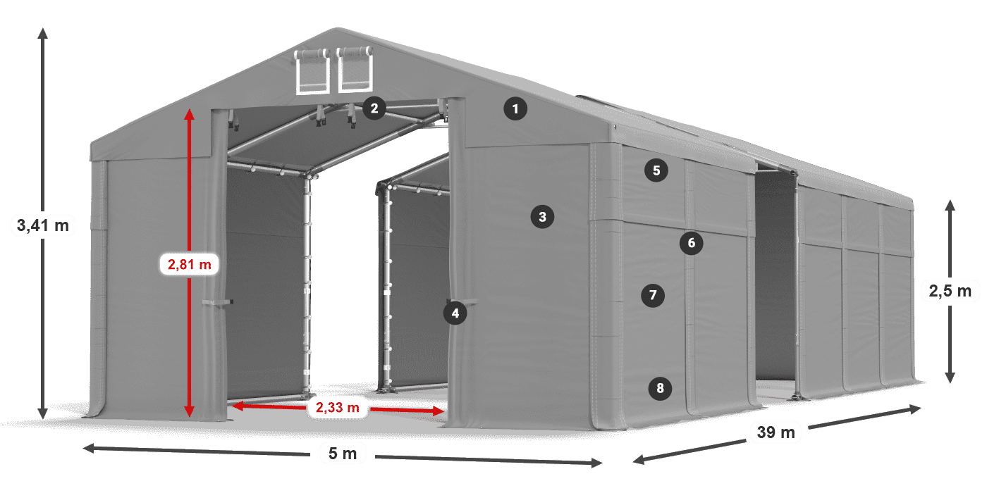 Střecha: FR 620 PVC Stěny: SD 500 PVC 2,5 m legenda
