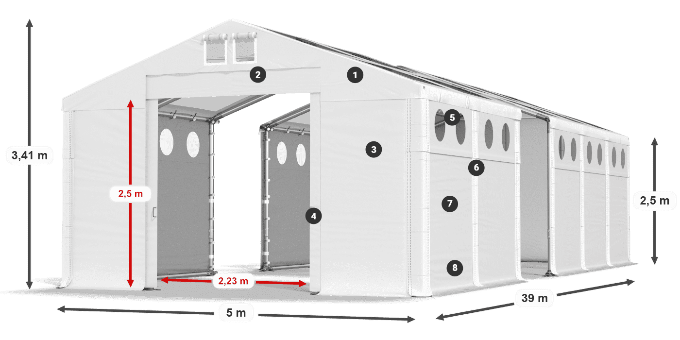 Střecha: MS T 580 PVC Stěny: FR O 620 PVC 2,5 m legenda