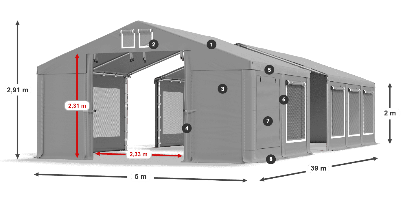 Střecha: FR 620 PVC Stěny: SD 500 PVC 2m legenda