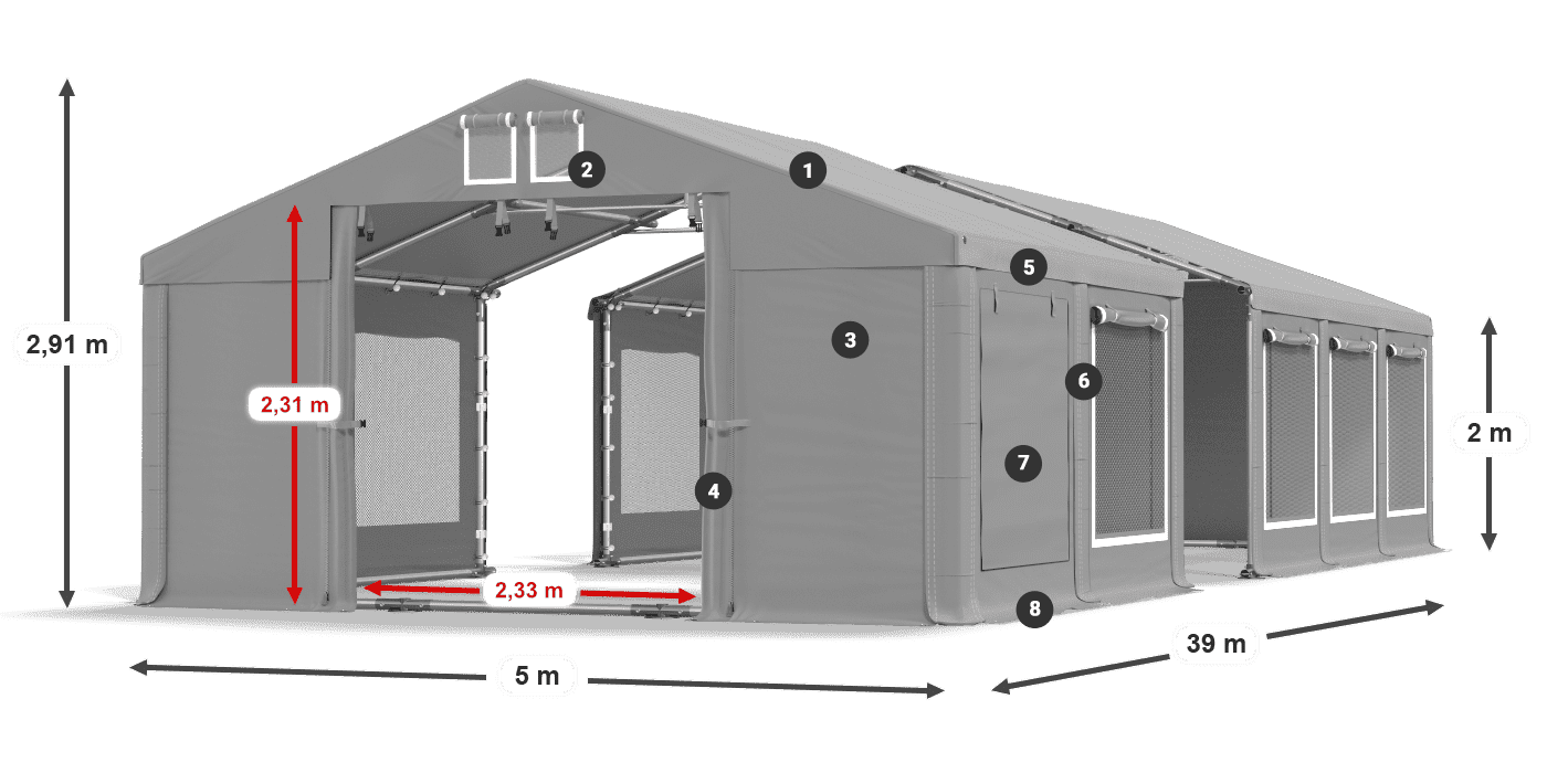 Střecha: FR 620 PVC Stěny: SD 500 PVC 2m legenda