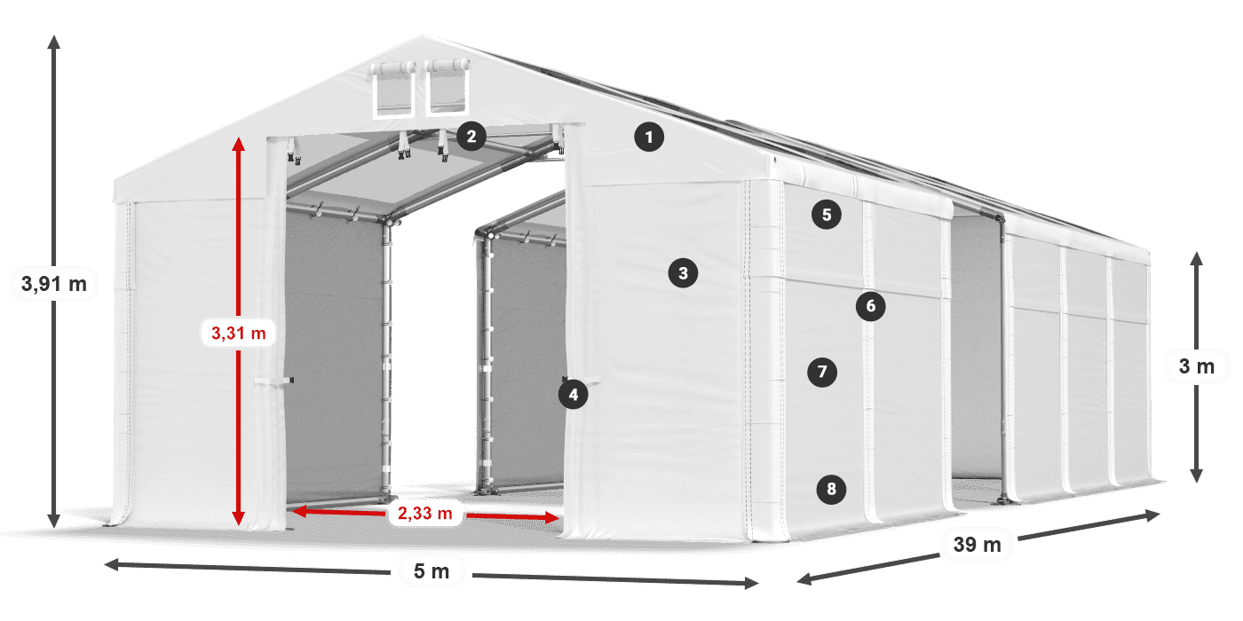 Střecha: MS T 580 PVC Stěny: FR 620 PVC 3m legenda