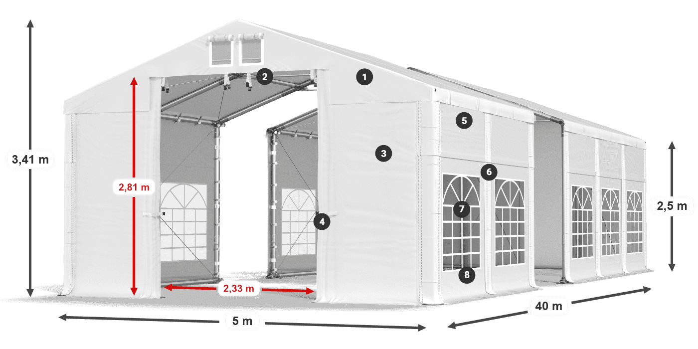 Střecha: FR 620 PVC Stěny: SD 500 PVC 2,5 m legenda
