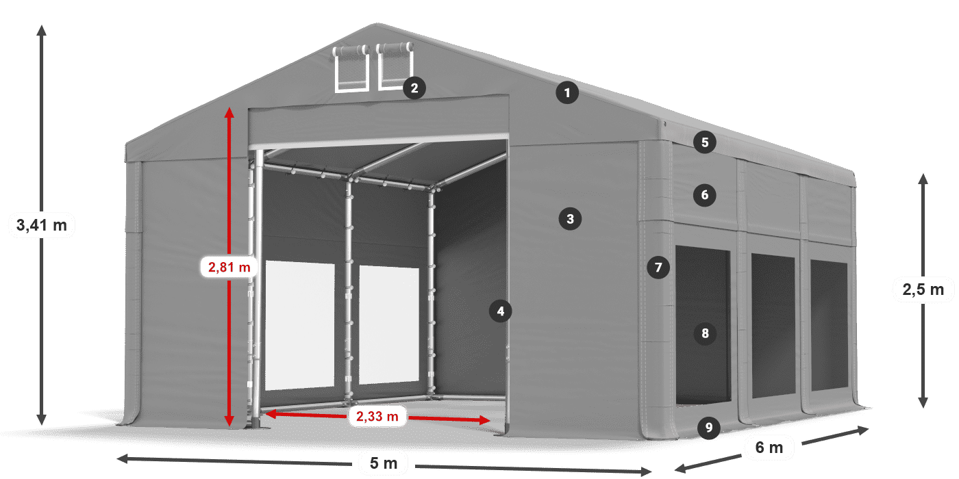 Střecha: FR 620 PVC Stěny: MS 580 PVC 2,5 m legenda