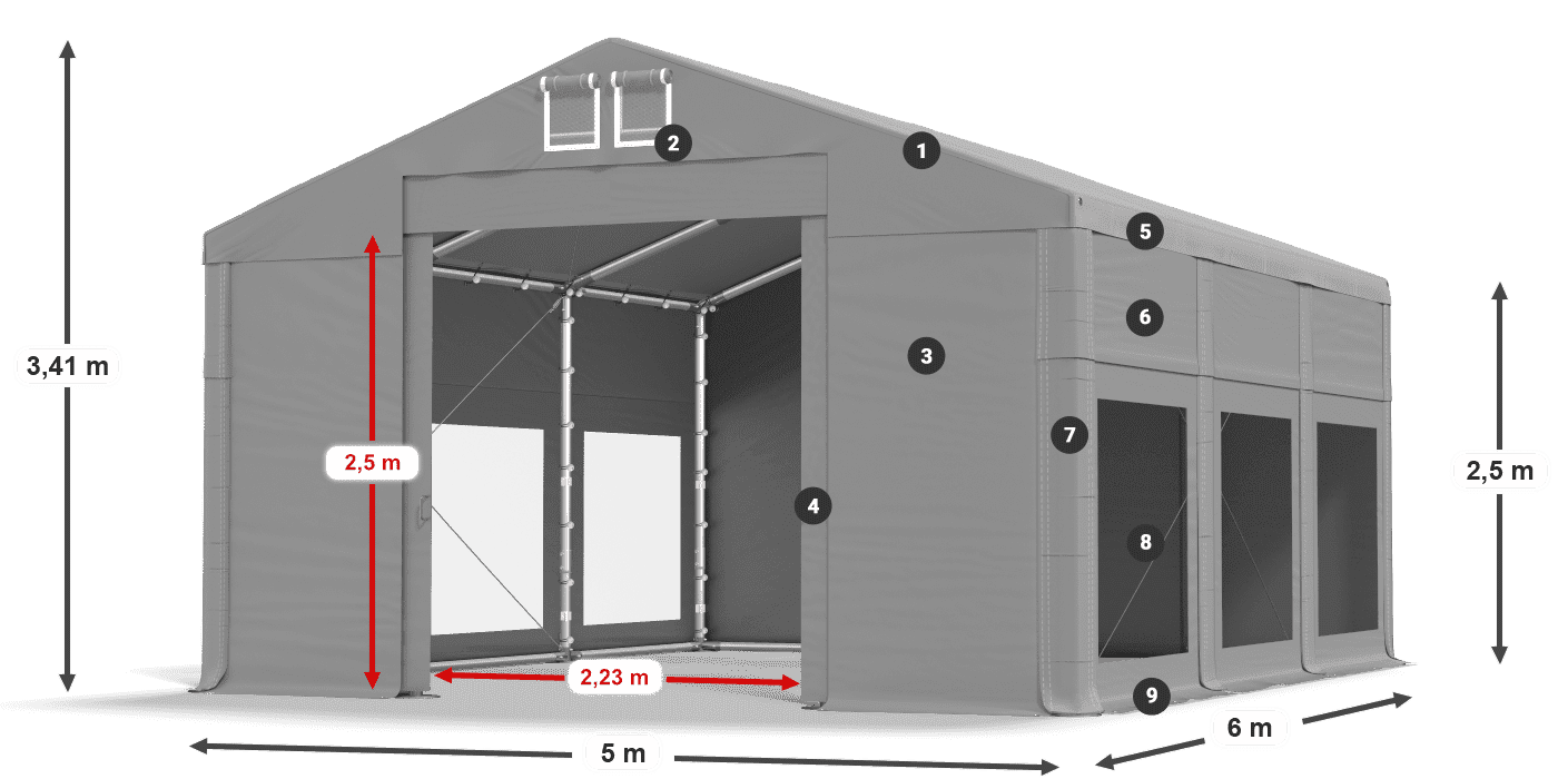 Střecha: FR 620 PVC Stěny: MS 580 PVC 2,5 m legenda