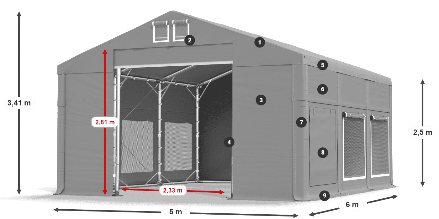 Střecha: FR 620 PVC Stěny: SD 500 PVC 2,5 m legenda