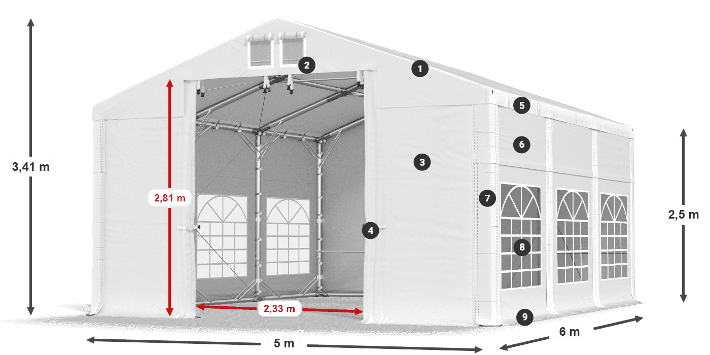 Střecha: FR 620 PVC Stěny: SD 500 PVC 2,5 m legenda