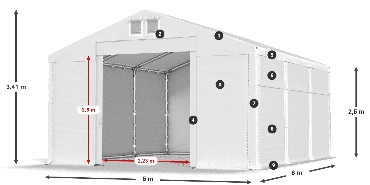 Střecha: FR 620 PVC Stěny: SD 500 PVC 2,5 m legenda
